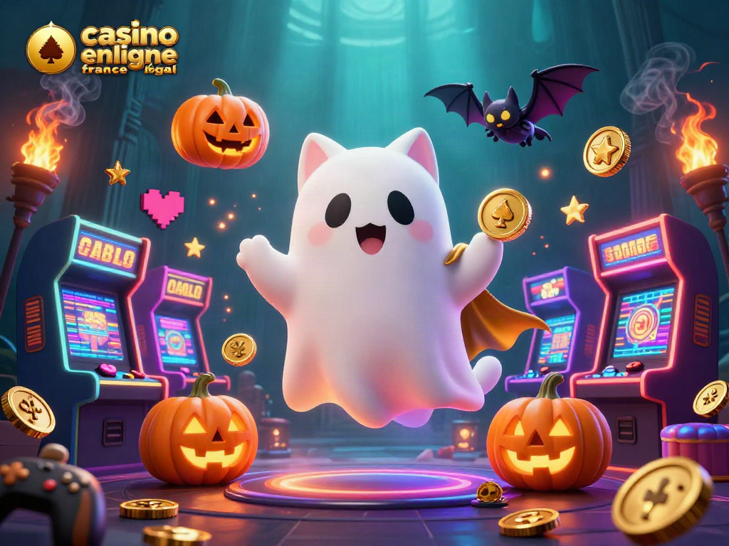 Découvrez le casino en ligne France légal dans une scène immersive avec un chat fantôme et des éléments de jeu.