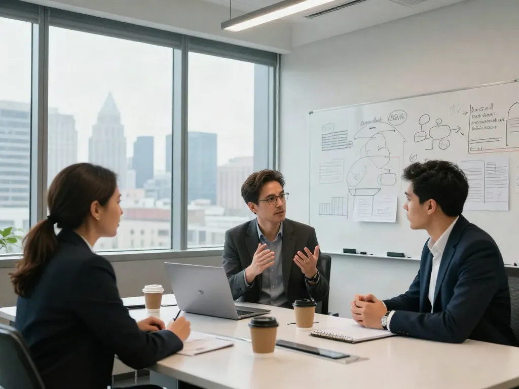 Engaging PedroVazPaulo Executive Coaching session with coach and executive in a modern office, fostering leadership development.