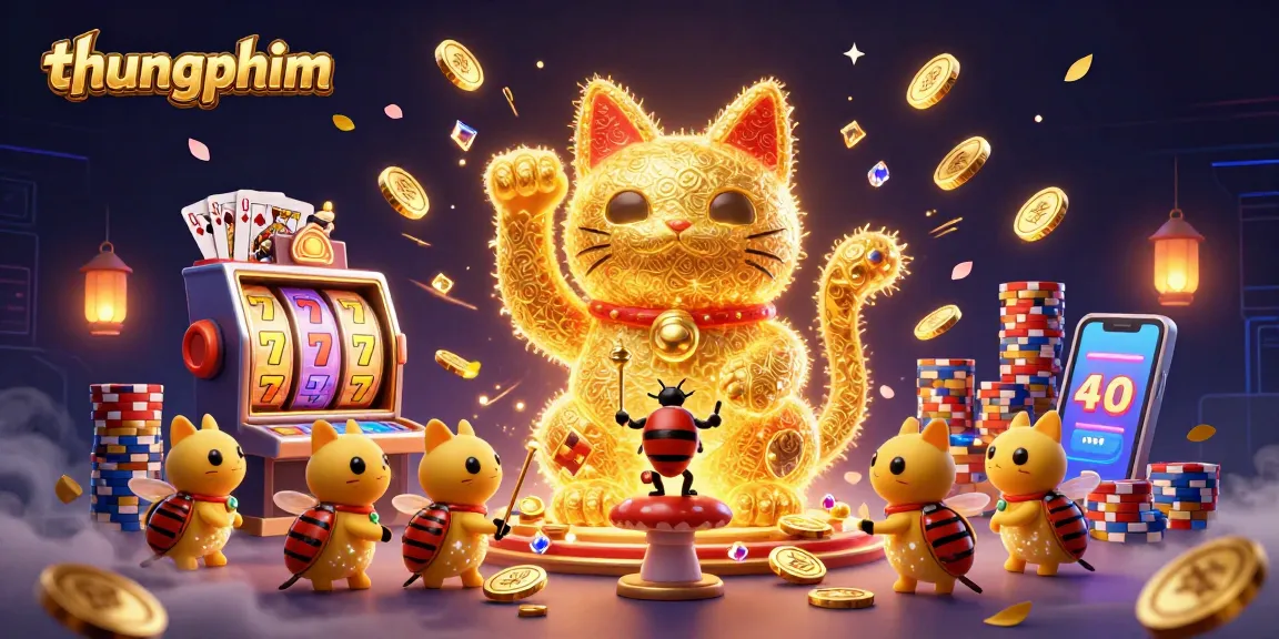 Engaging thungphim illustration showcasing a lucky cat amidst vibrant casino elements like slot reels and poker chips.