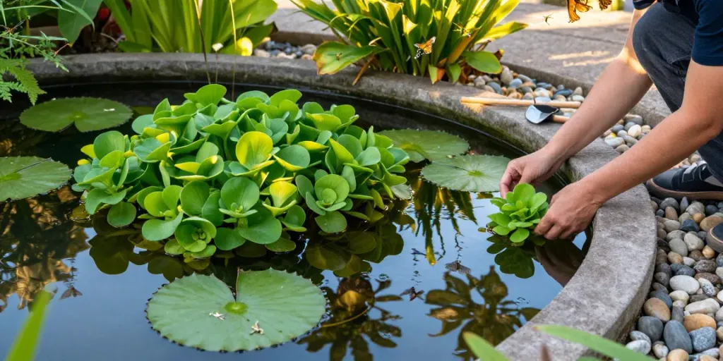 Buy Pond Plants Online in a vibrant garden pond surrounded by lush greenery showcasing water lilies and frogbit.