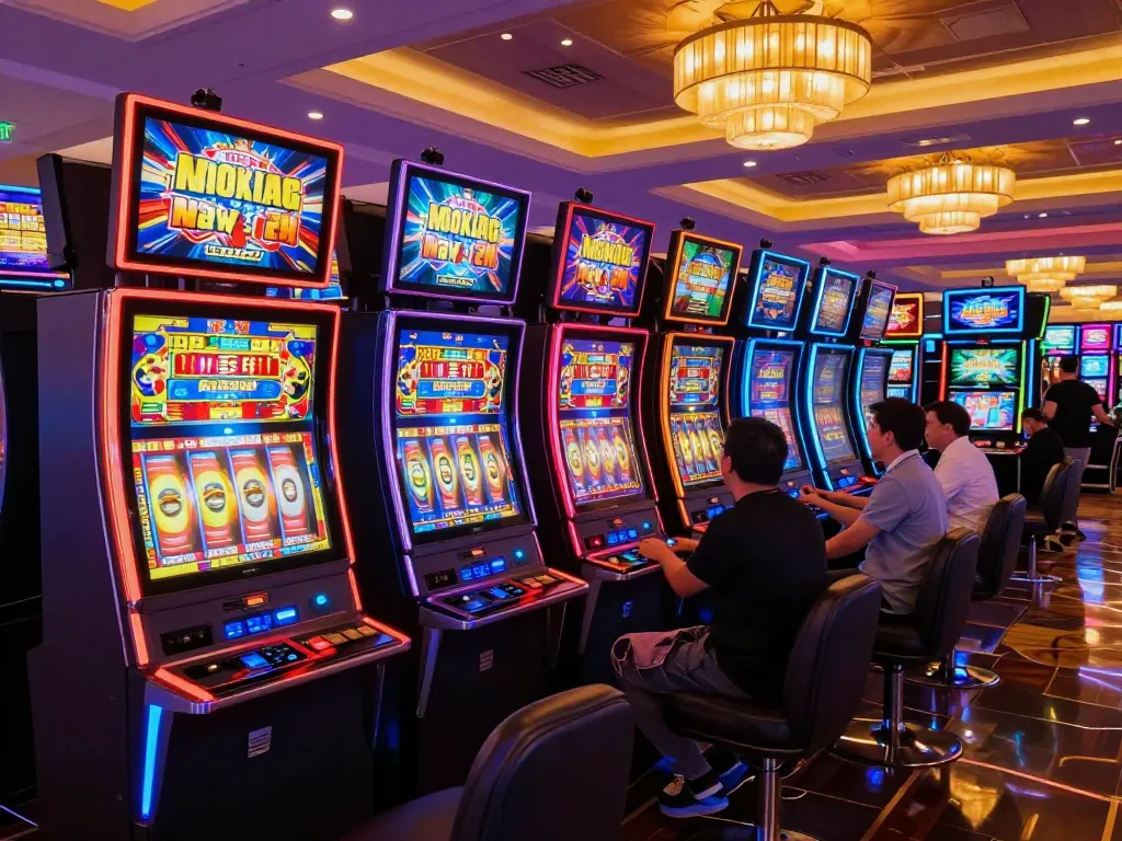 Players enjoying lively slot machine gameplay in a vibrant casino atmosphere