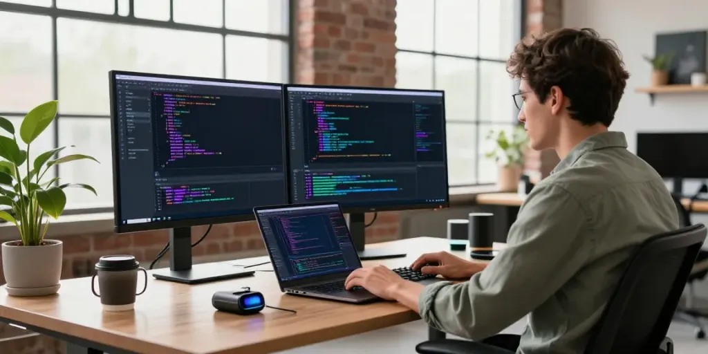 A software engineer working at a modern desk with dual monitors showing colorful code in the Notepad++ software, demonstrating productivity in a bright office.