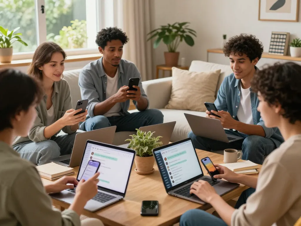 Engaged individuals exploring ia +18 AI chatbots in a cozy home setting, reflecting curiosity and community.