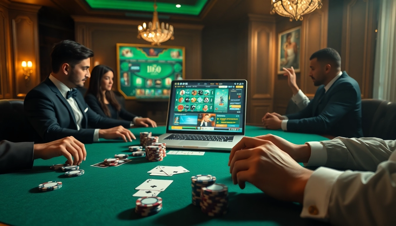Participez à un gameplay palpitant sur un site de casino en ligne avec une table de poker luxueuse et une ambiance vibrante.