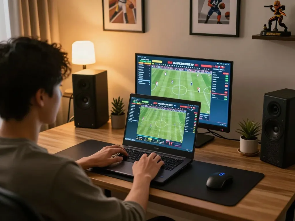 Engaging in online sports betting at https://nddo.org from a cozy home office with live odds displayed.