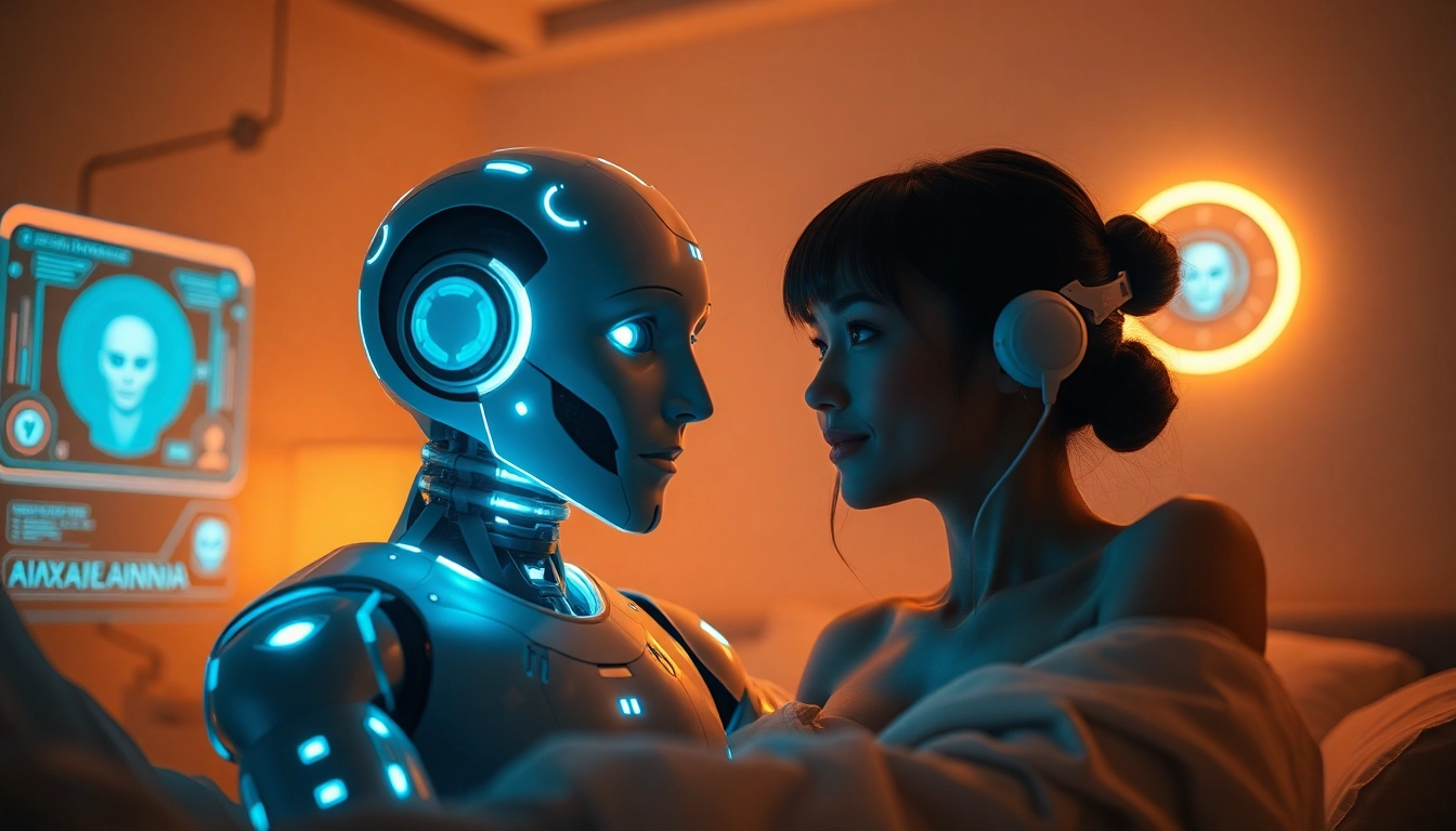 Engaging ai sex interaction with AI companion in a futuristic setting.