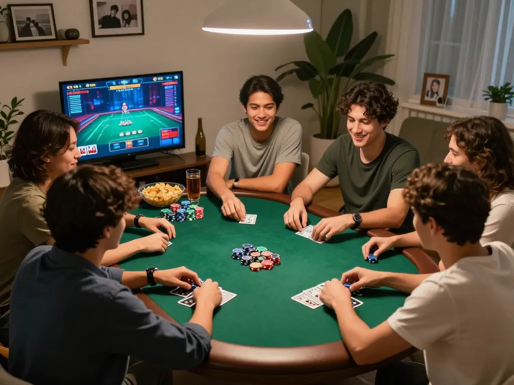 Friends enjoying an engaging online poker game in a cozy home setting, dynamic poker online experience.