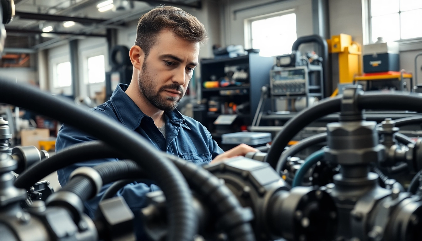 Technician performing hydraulic system maintenance with tools in an industrial setting.