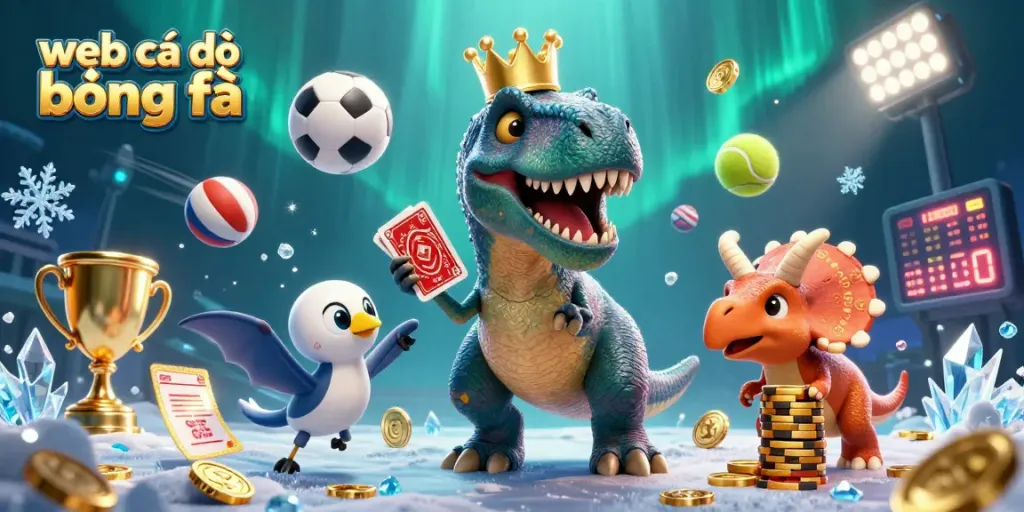 Cá cược trên web cá độ bóng đá với T-Rex và bạn đồng hành trong một cảnh động rực rỡ