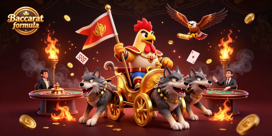Baccarat formula art showcasing a rooster warlord in a golden chariot amidst casino elements, illustrating gambling excitement.