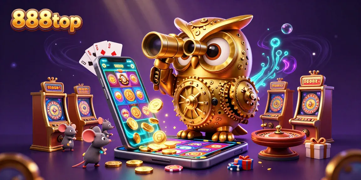 Experience the thrill of 888top with a dynamic casino scene featuring a golden owl and mouse patrons.