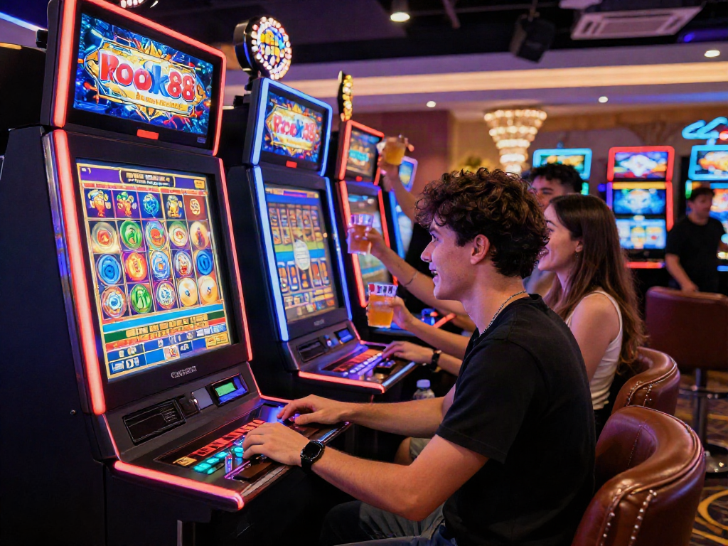 Player enjoying a thrilling rokok88 slot login experience in a lively casino atmosphere.
