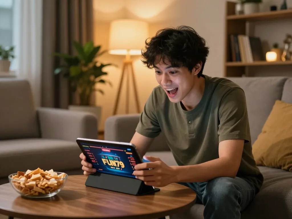 Engaging in FUN79 game on tablet in a cozy home setting, exemplifying online gambling strategy.