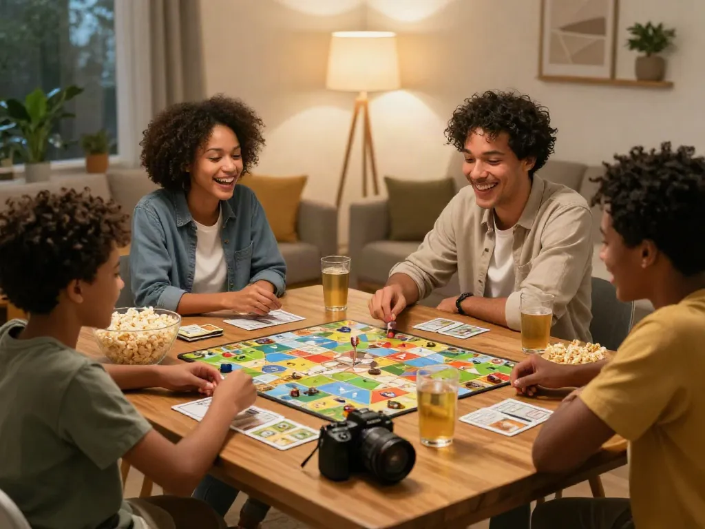 Sildenafil family board game night featuring laughter, snacks, and classic games.