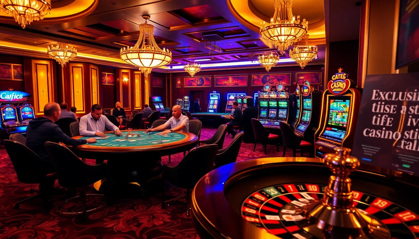 Scène de jeu passionnante sur un site de casino en ligne avec poker, roulette et machines à sous vibrantes.