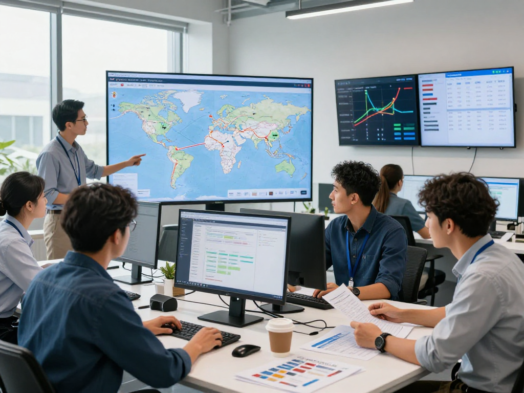 Ocargo internationaler Transport von Dortmund: Innovatives Logistik-Team koordiniert internationalen Transport in hellem Büro mit moderner Technologie.