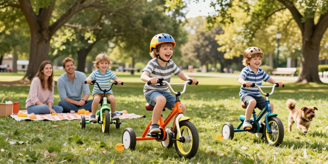 Kids riding the best kids tricycles in a sunny park, showcasing fun and vibrant designs.
