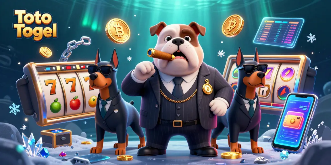 Win big with Toto Togel featuring a mafia boss bulldog and dynamic slot game elements in a vibrant scene.