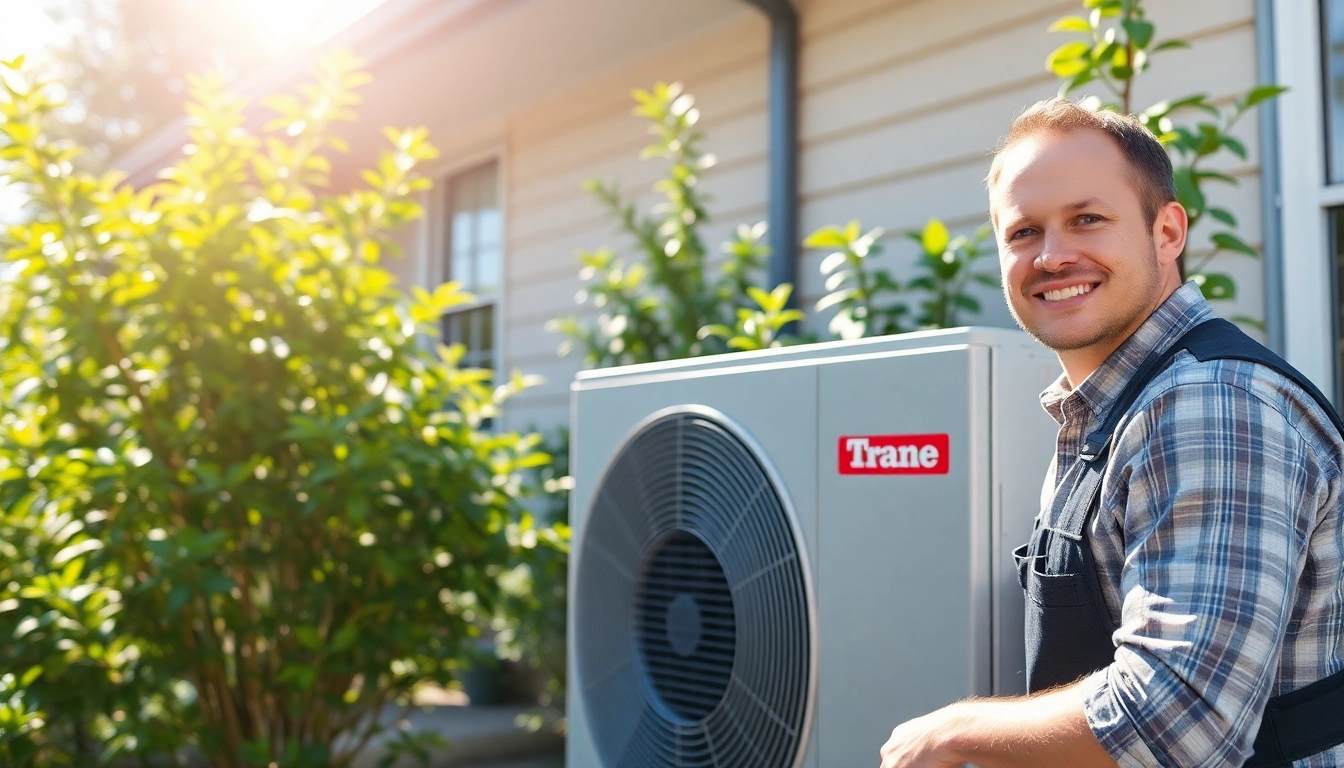 Technician installing a trane heat pump outdoors, showcasing energy efficiency and modern design.