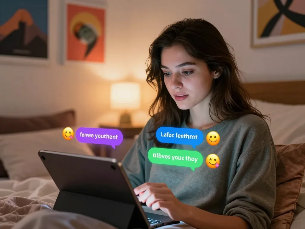 Engaging in ai sex chat on a tablet surrounded by colorful chat bubbles.