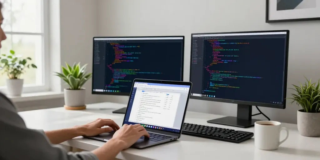Creative developer workspace with Notepad++ showcasing code syntax.