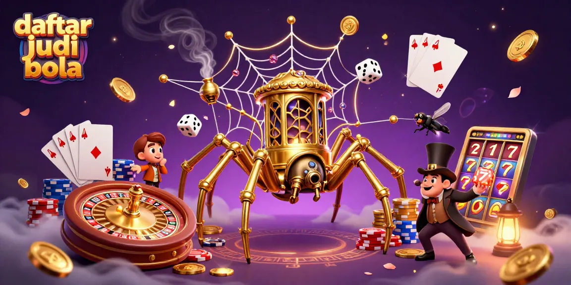 Engage in daftar judi bola with the captivating 3D scene of a steampunk spider and poker elements.