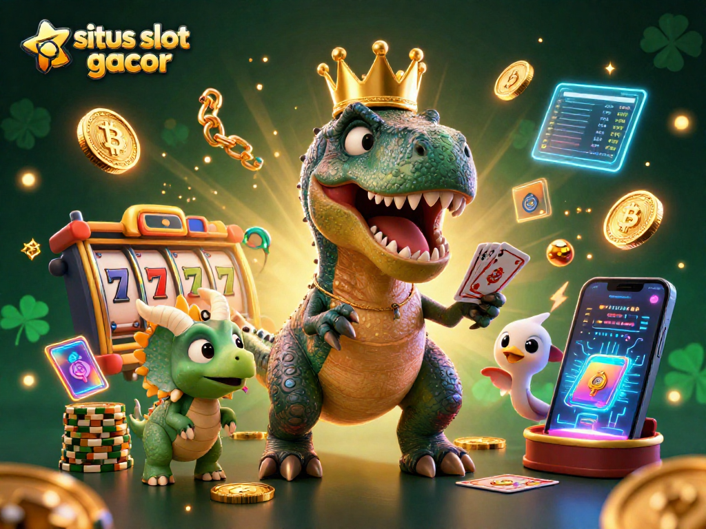 Experience the excitement of situs slot gacor with T-Rex shuffling cards and vibrant casino elements!