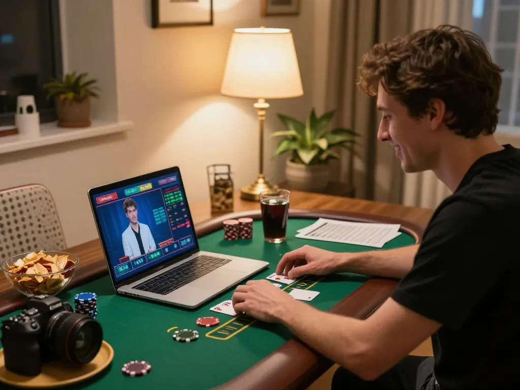 Engaging in online blackjack at home, showcasing strategic play and 789b excitement