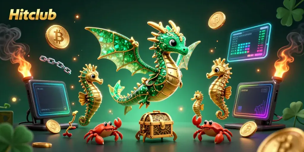 Play games at Hitclub with a 3D sea dragon and cryptocurrency elements in a vibrant scene.