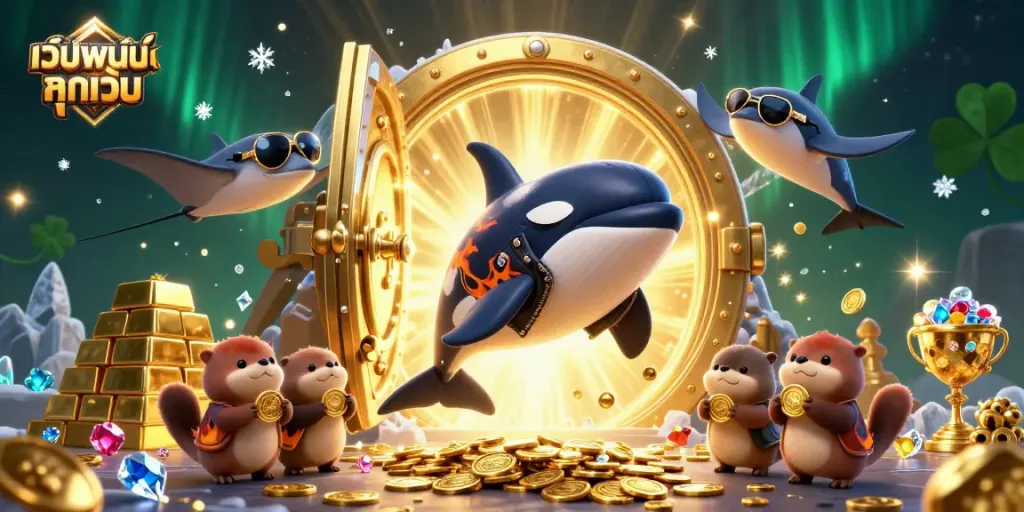 การเล่น เว็บพนันออนไลน์ ทุกเว็บ พร้อมกับการ์ตูนวาฬ Orca ในชุดหนังและปลากระเบนในแว่นกันแดด