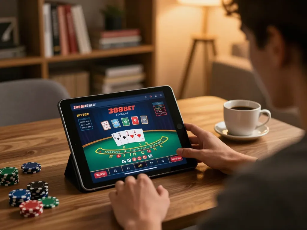 Player engaged with 388bet app, showcasing live blackjack game on tablet in cozy home setting.