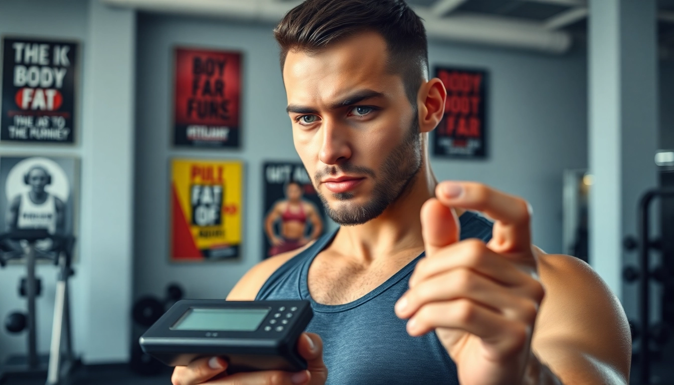 Calculate body fat percentage with a body fat percentage calculator in a focused gym environment.