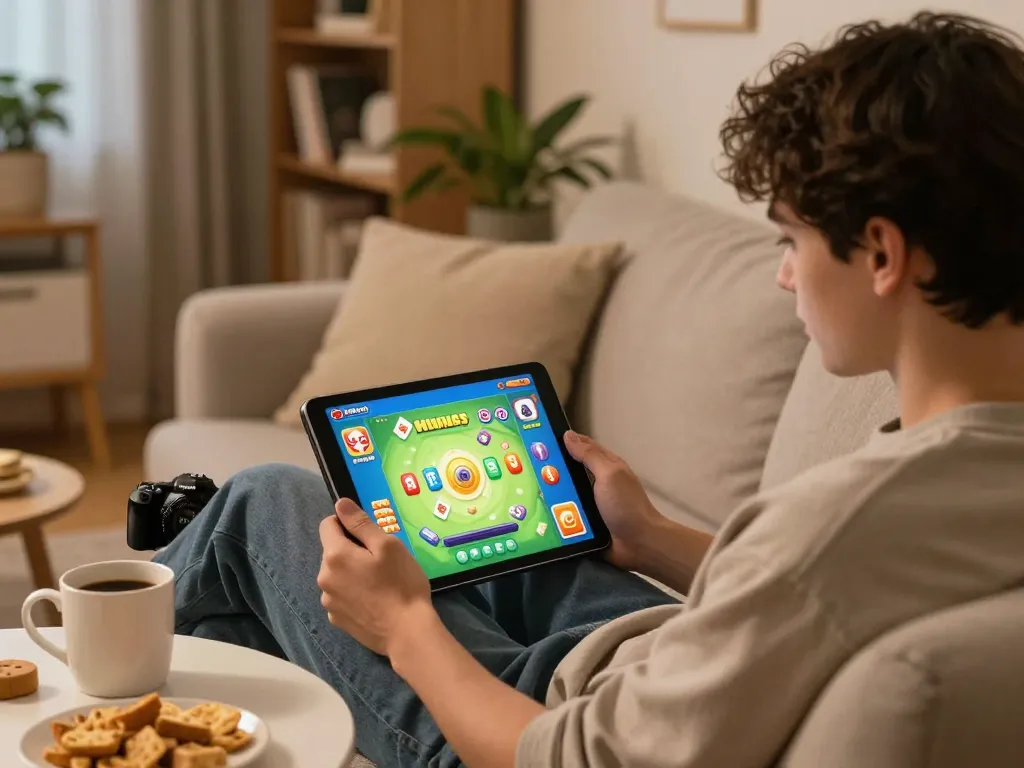 Engaging in Mahjong Ways gameplay on a tablet in a cozy home setting, promoting responsible gaming.