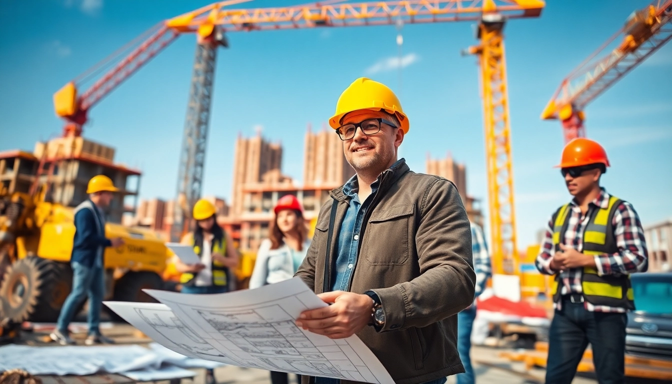 Construction developer overseeing an energetic team on an urban site, surrounded by blueprints and machinery.