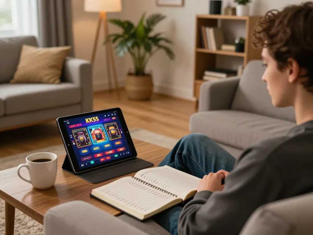 Person enjoying the KK55 online casino app on a tablet, demonstrating responsible gaming at home.