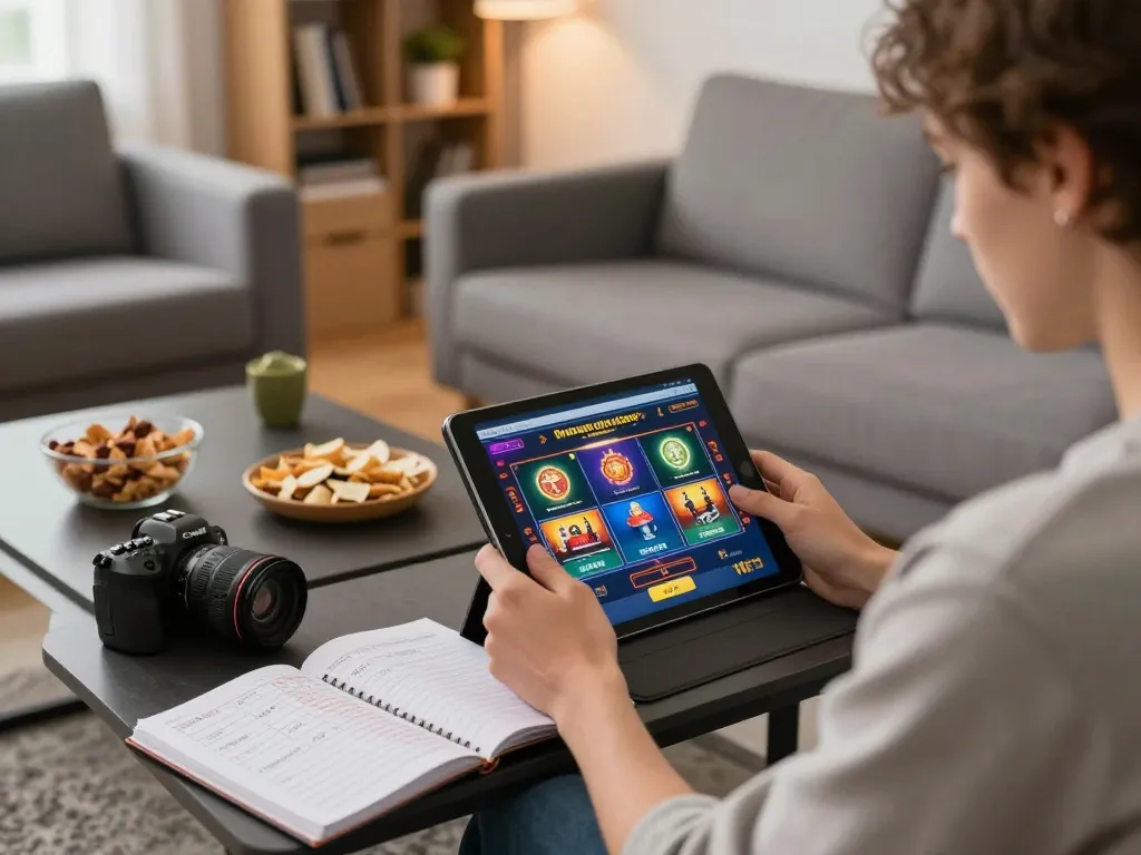 Engaged player using online casinos in Canada reddit on tablet at home, showcasing strategic gameplay