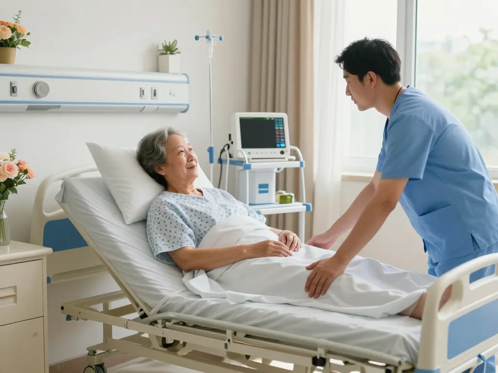 Modern hospital bed for giường bệnh nhân in a soothing healthcare environment, showcasing caregiver support and patient comfort.