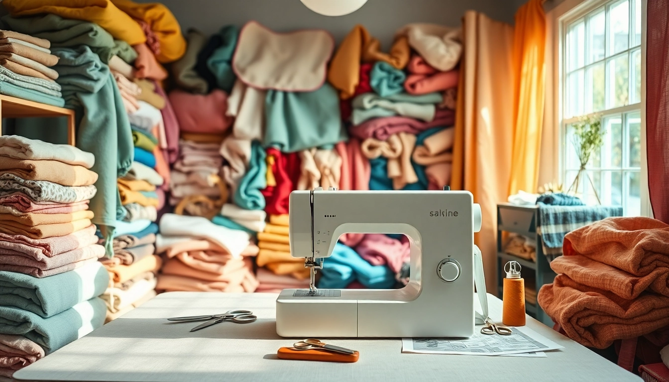 Stoffen voor naaien beginners op een kleurrijke naai tafel met accessoires.