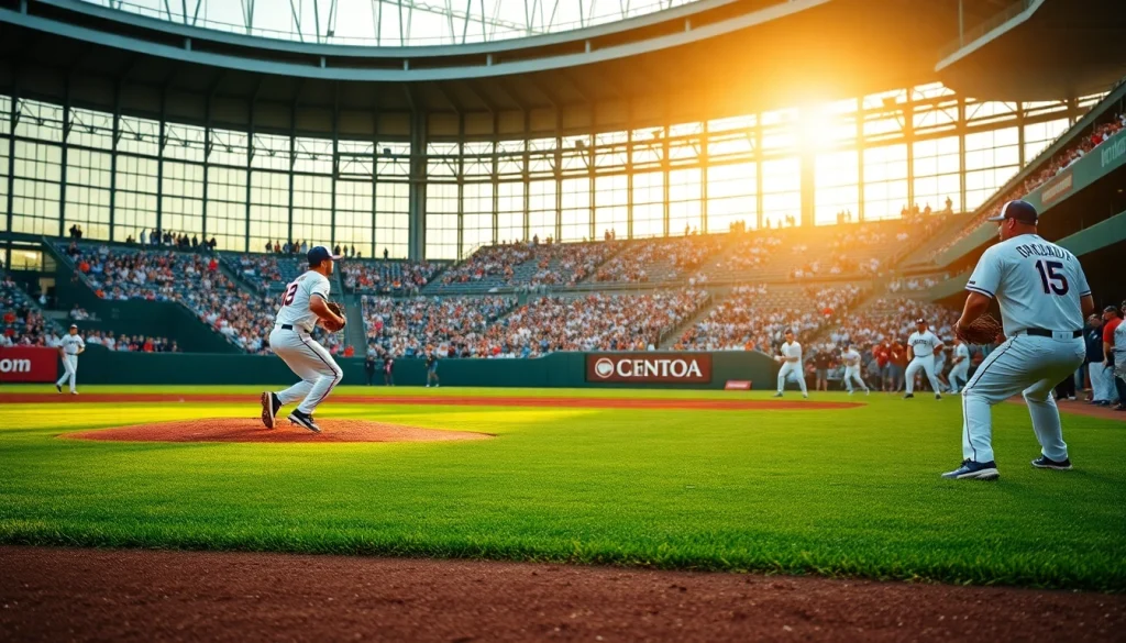 mlb중계 관람 중인 관중과 경기하는 선수들의 역동적인 순간을 포착한 이미지
