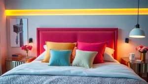 Cuscini per letto di diverse forme e colori disposti armoniosamente, per un riposo confortevole e accogliente.