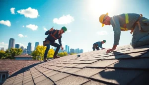 Engaging rooftop scene showcasing professional roofing services with skilled roofers at work.