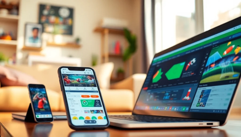 Show top online sportsbooks India in action, featuring smartphones and laptops.