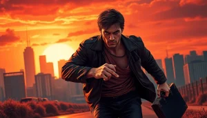 Featuring a rugged character like Jack Reacher running through a tense urban environment.