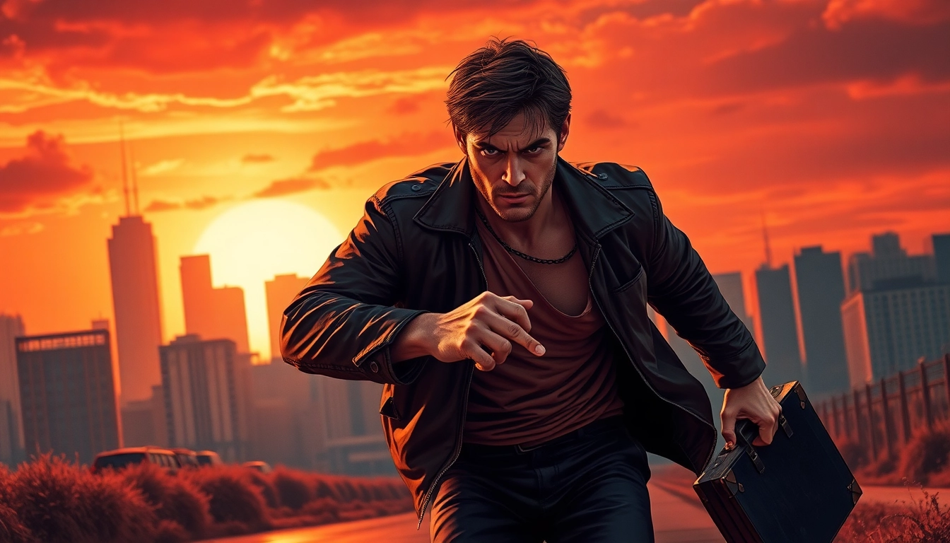 Featuring a rugged character like Jack Reacher running through a tense urban environment.