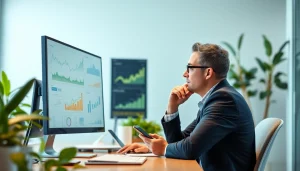 Analyze smm services metrics with a marketing expert in a modern office