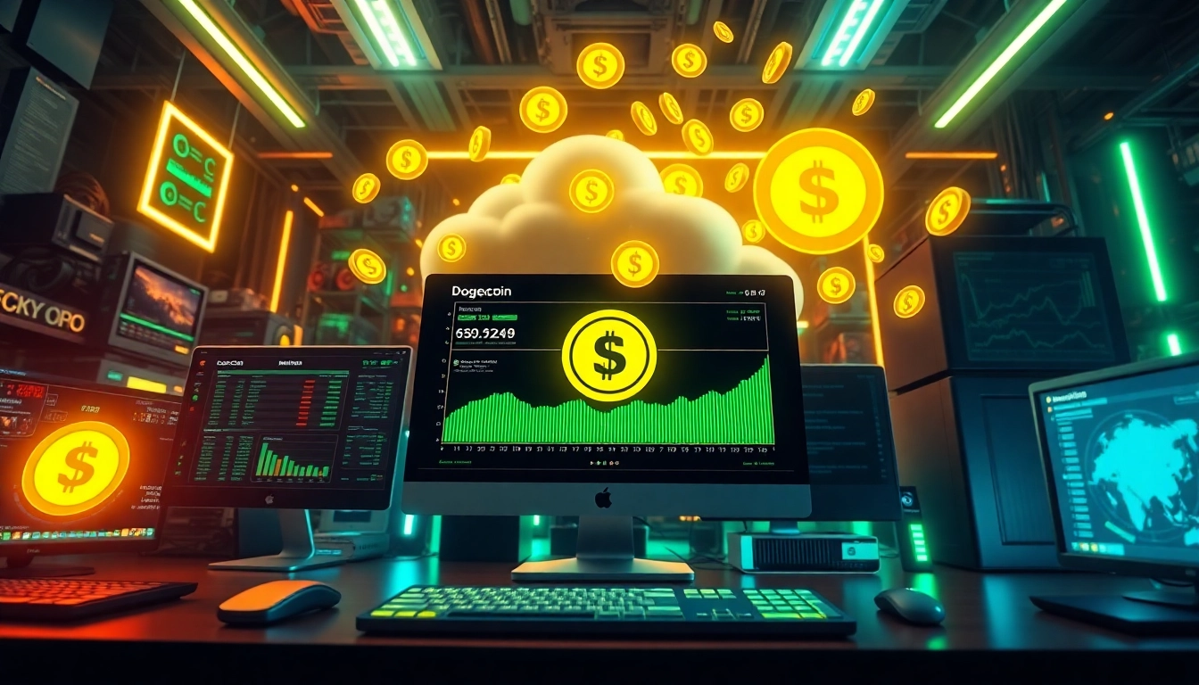 Visual representation of Dogecoin cloud mining with dynamic interfaces and vibrant colors.