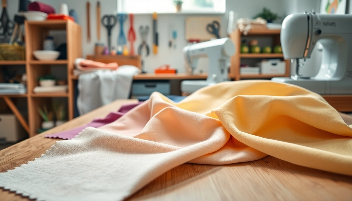Katoen stoffen op een creatieve manier gepresenteerd in een gezellige naaiatelier.