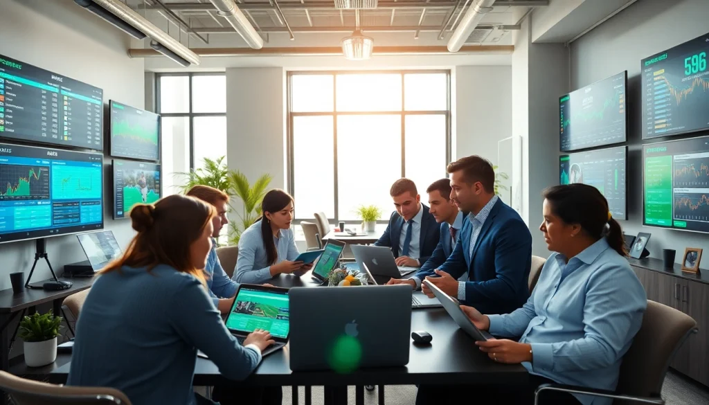 Engaging scene of users analyzing online sportsbooks India with various digital devices in a vibrant workspace.