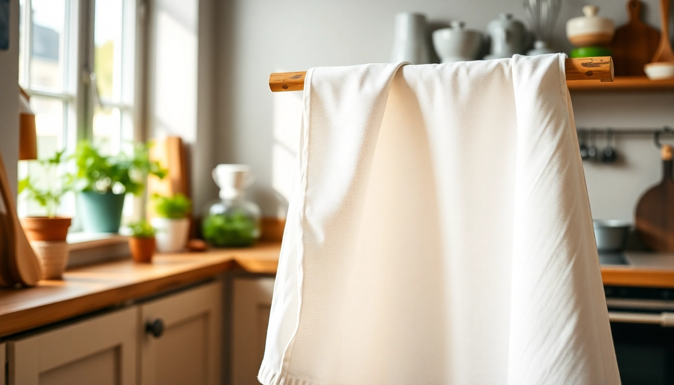 Kaasdoek met textuur hangend aan een houten rek in een zonnige keuken.