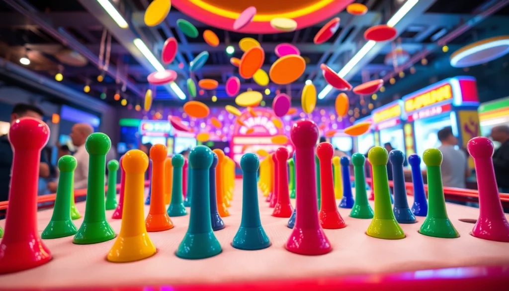 Main aksi demo plinko dengan pegs berwarna cerah, menghibur pemain di arcade.